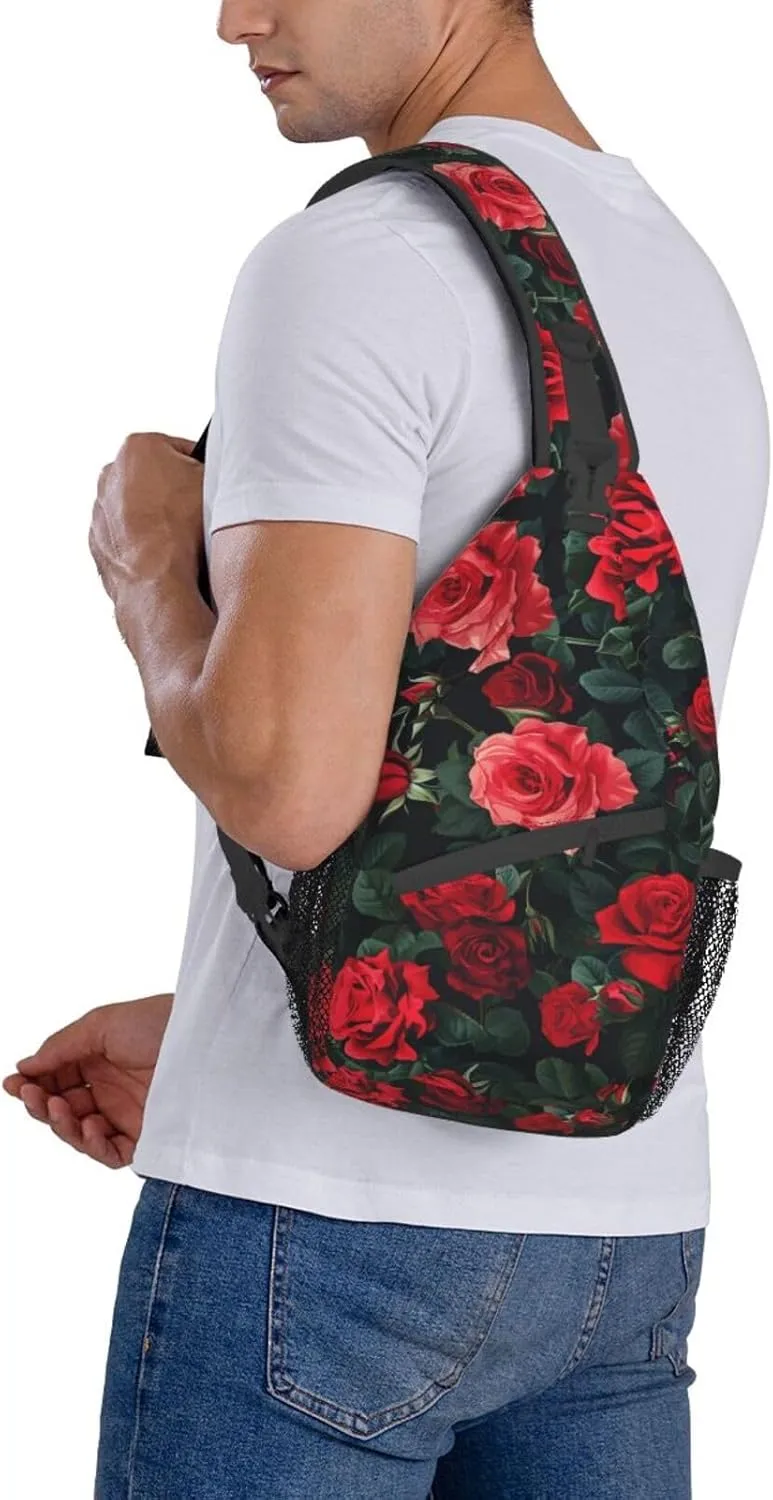 Rose Pattern Of Red Sling Backpack Hiking Backpack Crossbody Bag Sports Lightweight And waterproof Chest Bag Shoulder Bag For Women Men