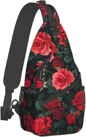 Rose Pattern Of Red Sling Backpack Hiking Backpack Crossbody Bag Sports Lightweight And waterproof Chest Bag Shoulder Bag For Women Men