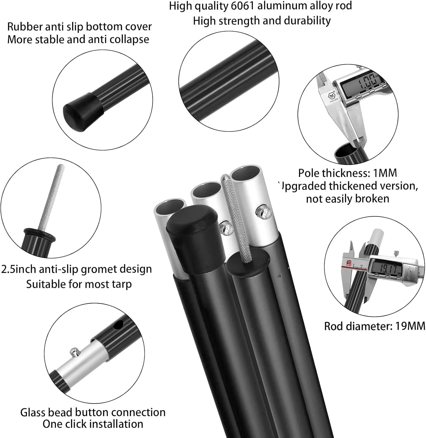 SAN LIKE Tent Poles Aluminum Tent Poles for Tarp 75inch Camping Tarp Poles Adjustable Collapsible Tent Poles for Awnings Canopy Rain Fly Shelter 4 Sets-5 Sections