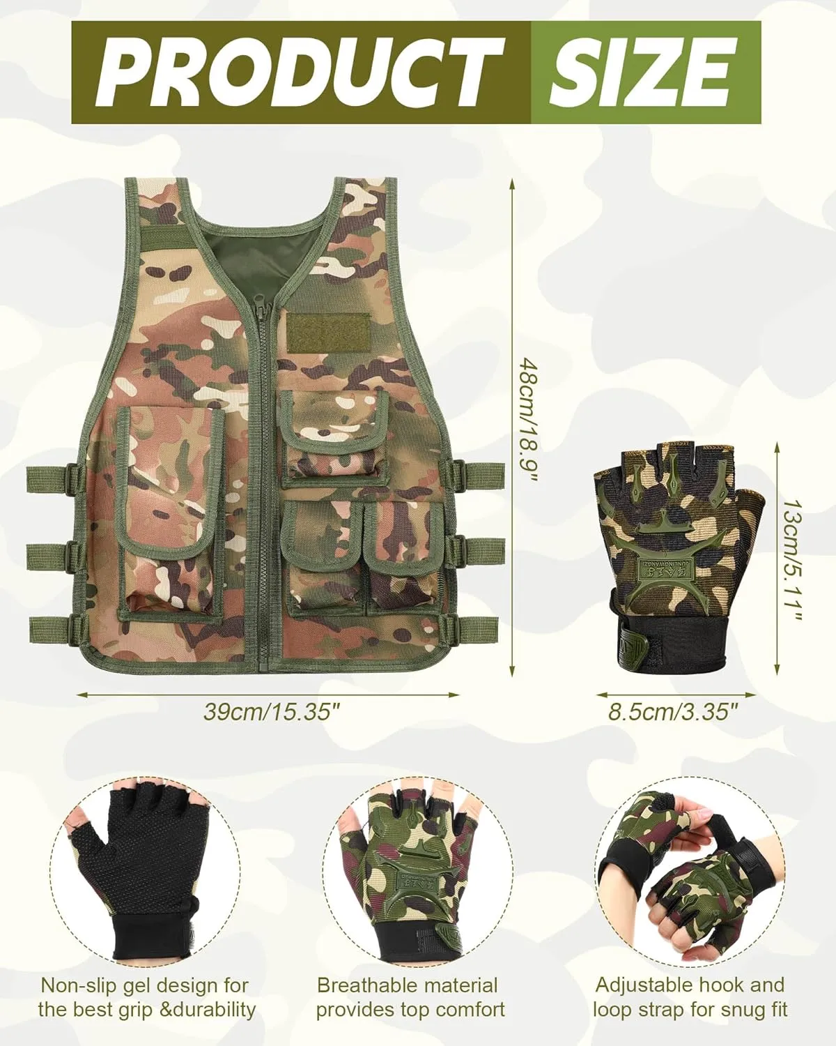 SATINIOR Tactical Vest Army Combat Vest Outdoor with Half Finger Fingerless Short Gloves Breathable