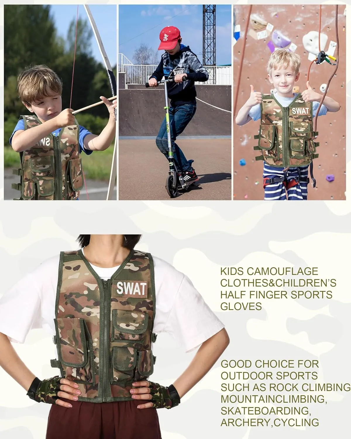 SATINIOR Tactical Vest Army Combat Vest Outdoor with Half Finger Fingerless Short Gloves Breathable