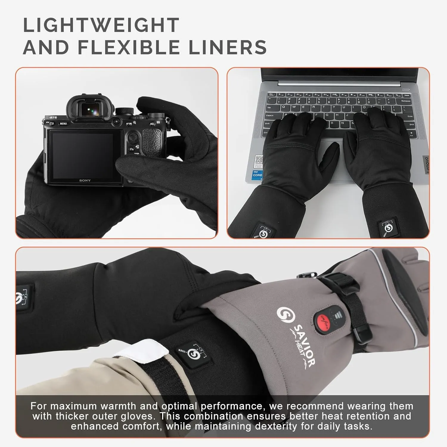 SAVIOR HEAT Heated Glove Liners for Men Women, Rechargeable Battery Electric Heated Gloves, Winter Warm Thin Liners for Skiing, Snowboarding, Hiking, Cycling, Hand Warmers