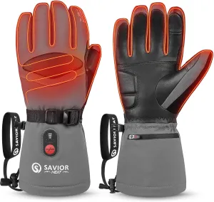 SAVIOR HEAT Heated Gloves for Men Heated Ski Gloves 10h Warm 7.4V 3000mAh Battery Thick Lining Waterproof Goatskin Palm Anti Loss Lanyard Outdoor Skiing Snowboarding for Winter