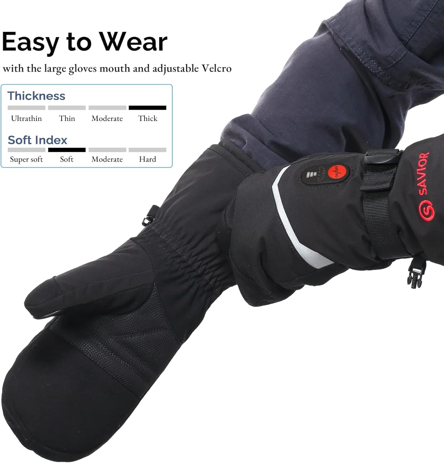 SAVIOR HEAT Heated Mittens Battery Ski Gloves, Electric Rechargeable Mitts for Skiing Camping Hiking Arthritis Hands Men Women