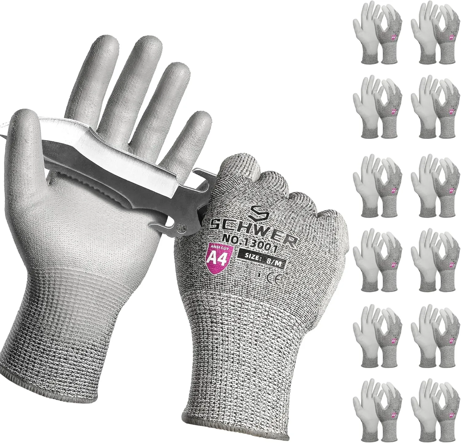 Schwer 12 Pairs ANSI A4 Cut Resistant Work Gloves, Cut Proof Gloves with PU Coating, Used for Metal Fabrication, WoodWorking, Construction, Non Slip, Durable, M, CR13001