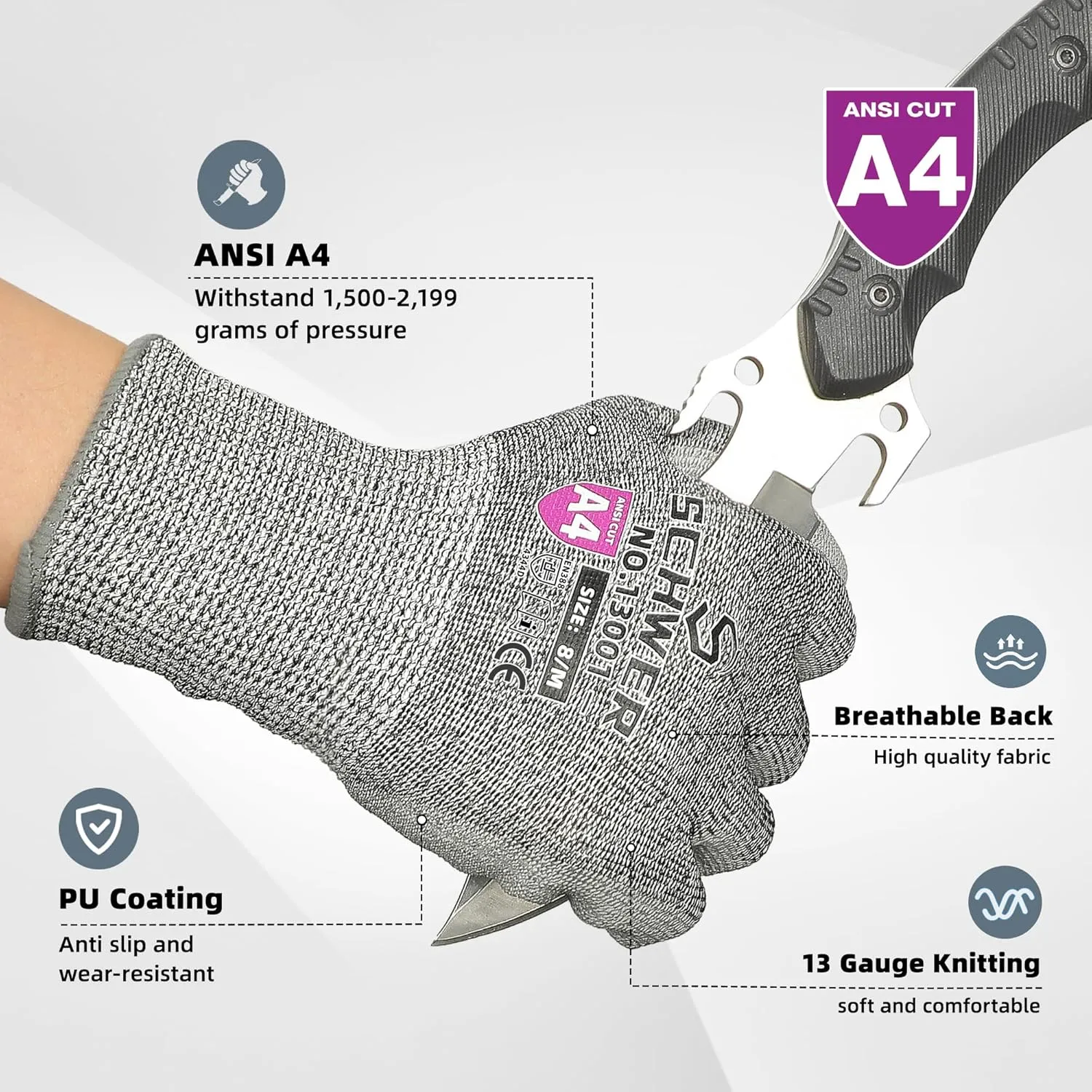 Schwer 12 Pairs ANSI A4 Cut Resistant Work Gloves, Cut Proof Gloves with PU Coating, Used for Metal Fabrication, WoodWorking, Construction, Non Slip, Durable, M, CR13001