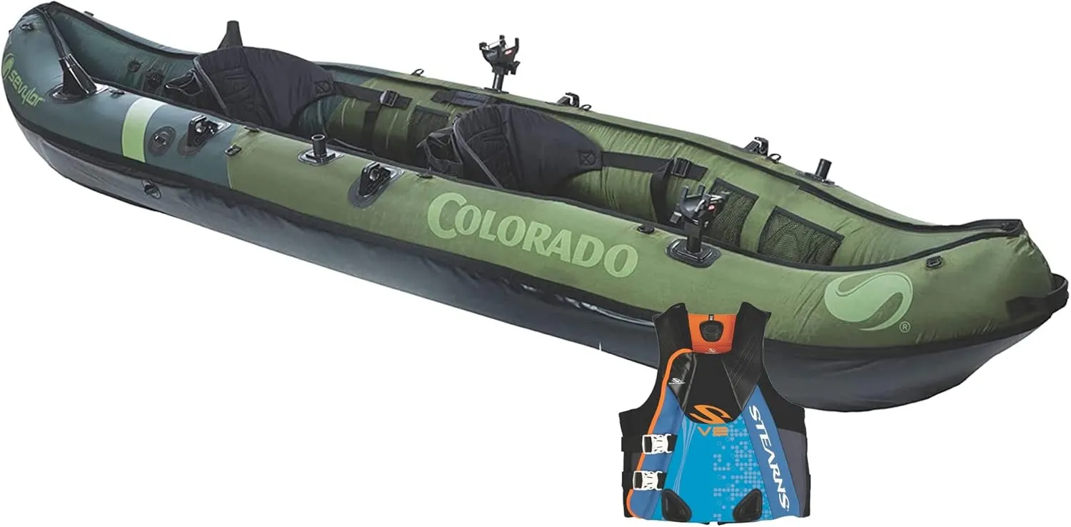 Sevylor Colorado 2 Person Inflatable Kayak w/Adjustable Seats, Green & Stearns Men's V2 Series Neoprene V-Flex Life Jacket Vest, Blue, 2XL