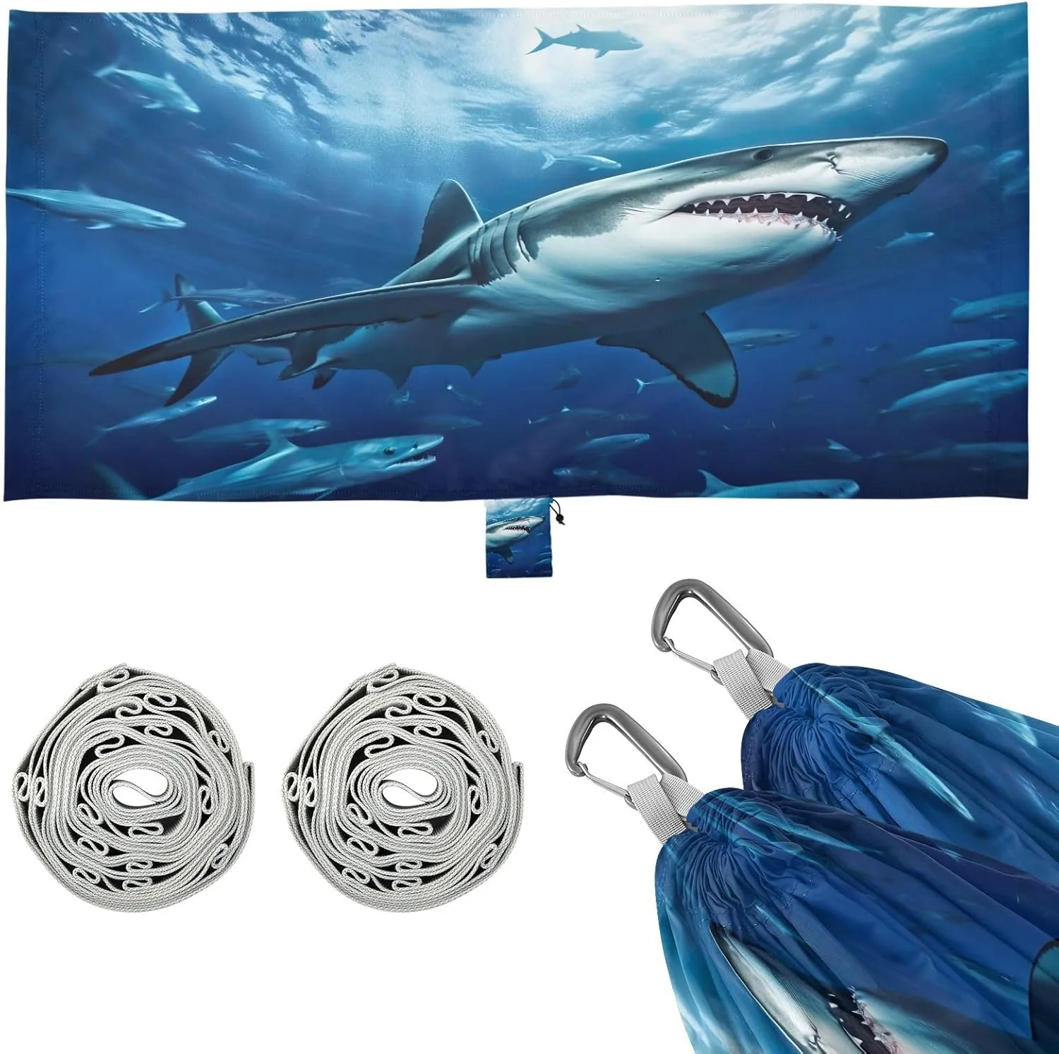 Sharks Camping Hammock, Single Portable Hammocks with Tree Straps & Attached Carry Bag, 330Lbs Capacity Perfect for Outside Indoor Hiking Beach Backpack Travel