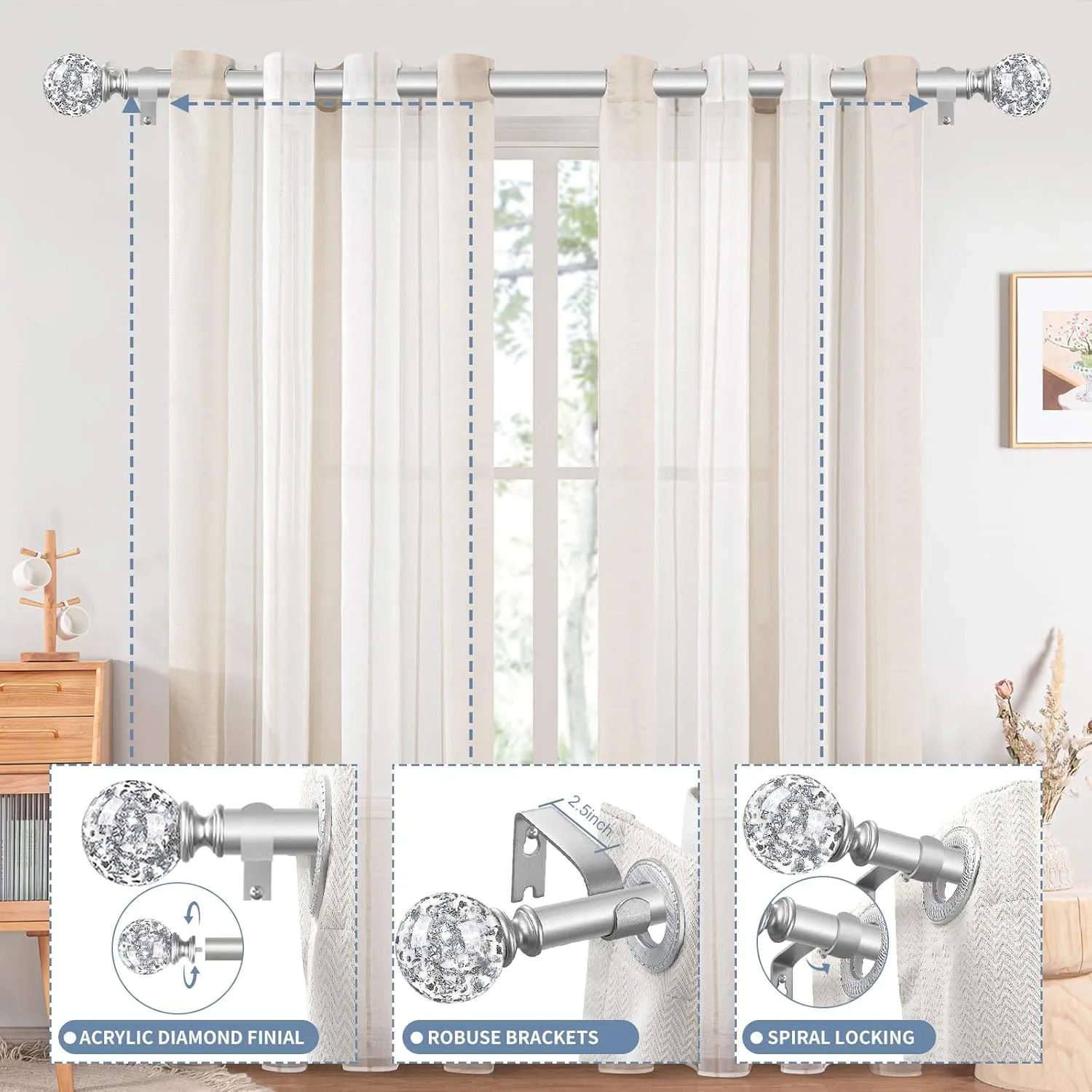 Silver Decorative Crystal Curtain Rods:18-60 Inch Heavy Duty Adjustable Window Curtains Rods for Bedroom Living Room,Nickel Modern Girly Acrylic Drapery Rods Set with Sheer Bling Foil Finials