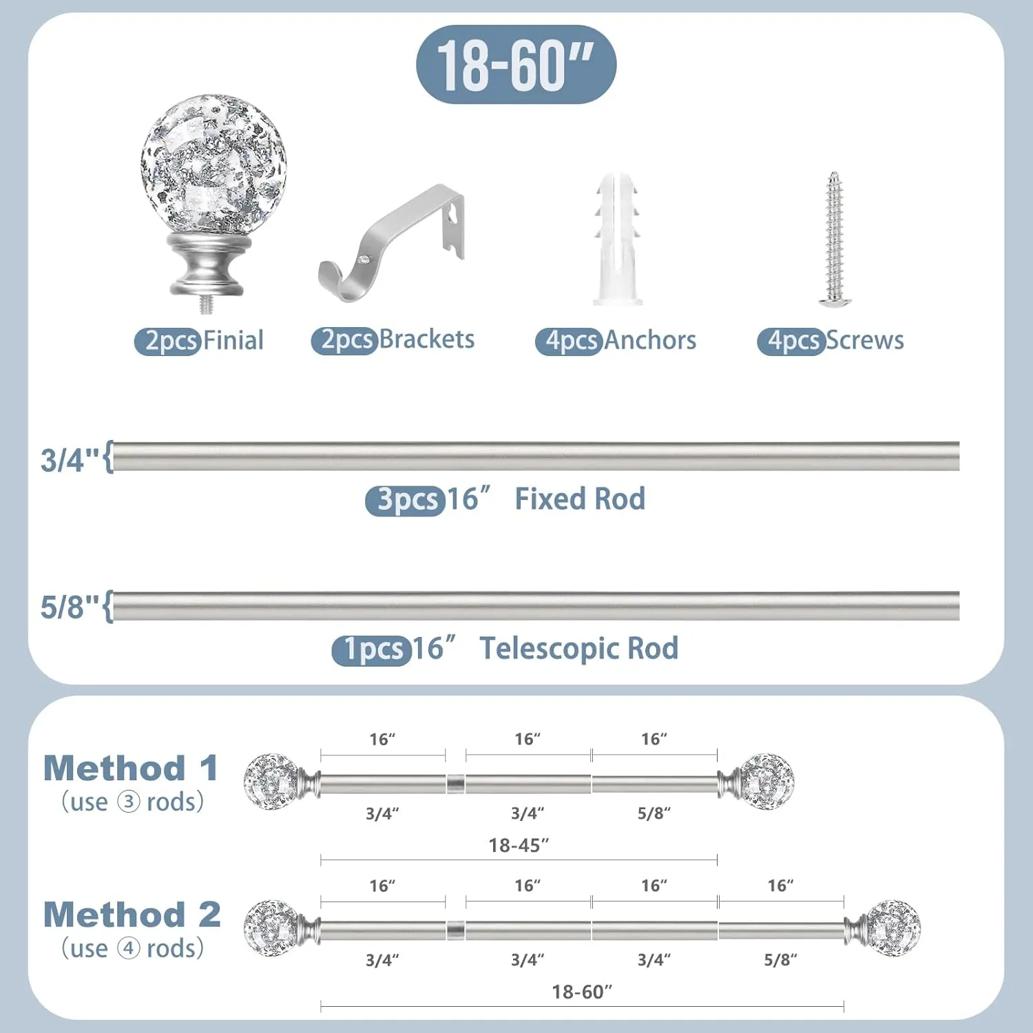 Silver Decorative Crystal Curtain Rods:18-60 Inch Heavy Duty Adjustable Window Curtains Rods for Bedroom Living Room,Nickel Modern Girly Acrylic Drapery Rods Set with Sheer Bling Foil Finials
