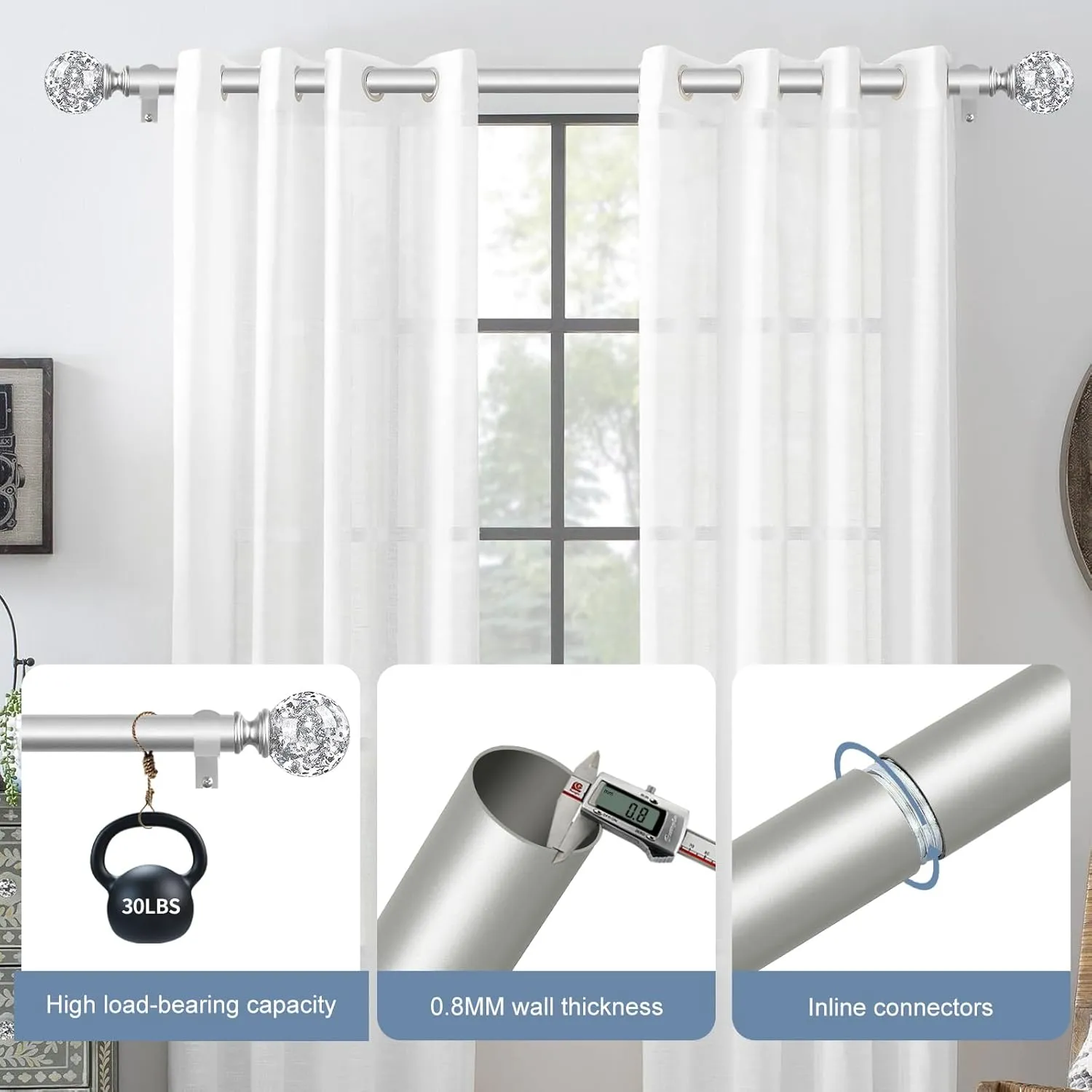 Silver Decorative Crystal Curtain Rods:18-60 Inch Heavy Duty Adjustable Window Curtains Rods for Bedroom Living Room,Nickel Modern Girly Acrylic Drapery Rods Set with Sheer Bling Foil Finials