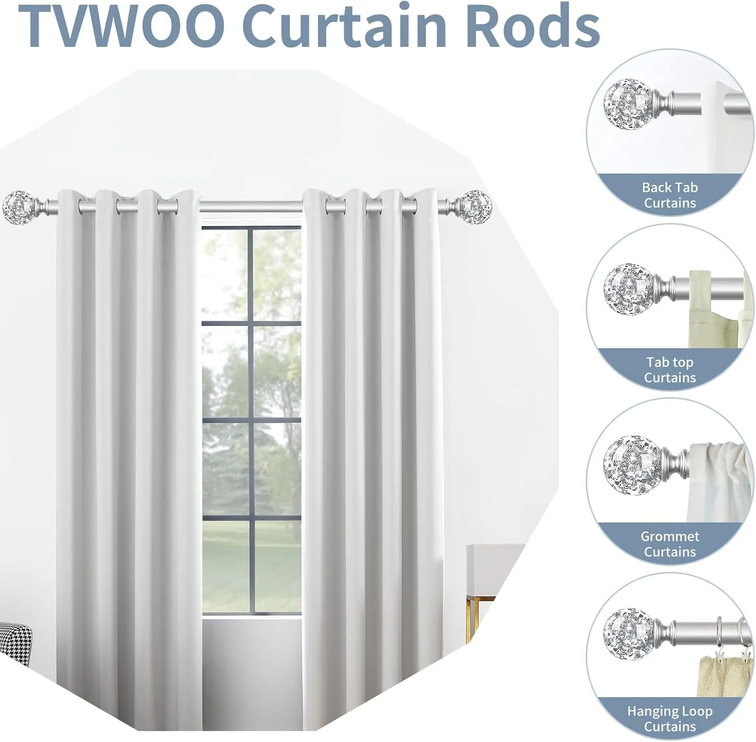 Silver Decorative Crystal Curtain Rods:18-60 Inch Heavy Duty Adjustable Window Curtains Rods for Bedroom Living Room,Nickel Modern Girly Acrylic Drapery Rods Set with Sheer Bling Foil Finials