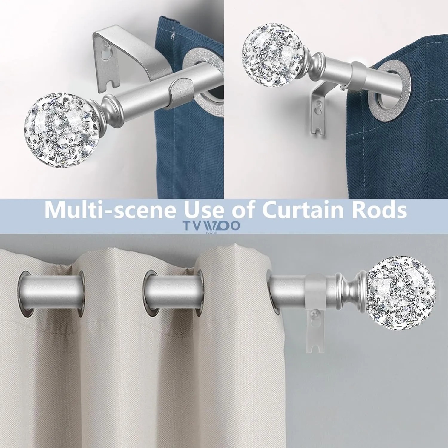 Silver Decorative Crystal Curtain Rods:18-60 Inch Heavy Duty Adjustable Window Curtains Rods for Bedroom Living Room,Nickel Modern Girly Acrylic Drapery Rods Set with Sheer Bling Foil Finials