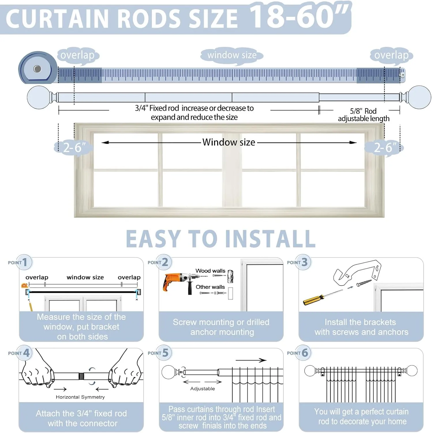 Silver Decorative Crystal Curtain Rods:18-60 Inch Heavy Duty Adjustable Window Curtains Rods for Bedroom Living Room,Nickel Modern Girly Acrylic Drapery Rods Set with Sheer Bling Foil Finials
