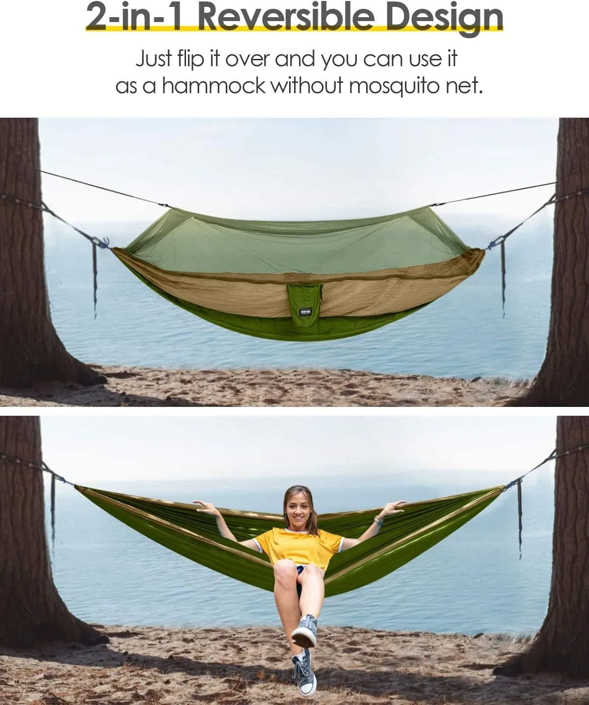 Single & Double Camping Hammock with Net Mosquito/Bug | Included Tree Straps and Carabiners, Parachute Nylon | Easy Assembly, Lightweight, Portable | Indoor Outdoor Backpacking - Full size, Black Gray