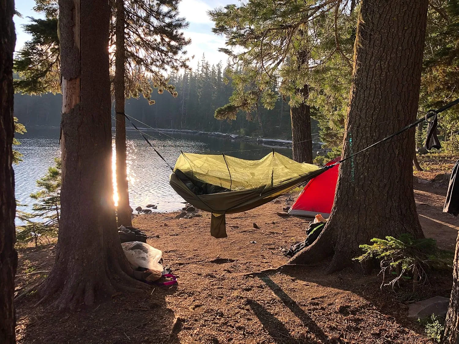 Single & Double Camping Hammock with Net Mosquito/Bug | Included Tree Straps and Carabiners, Parachute Nylon | Easy Assembly, Lightweight, Portable | Indoor Outdoor Backpacking - Full size, Black Gray