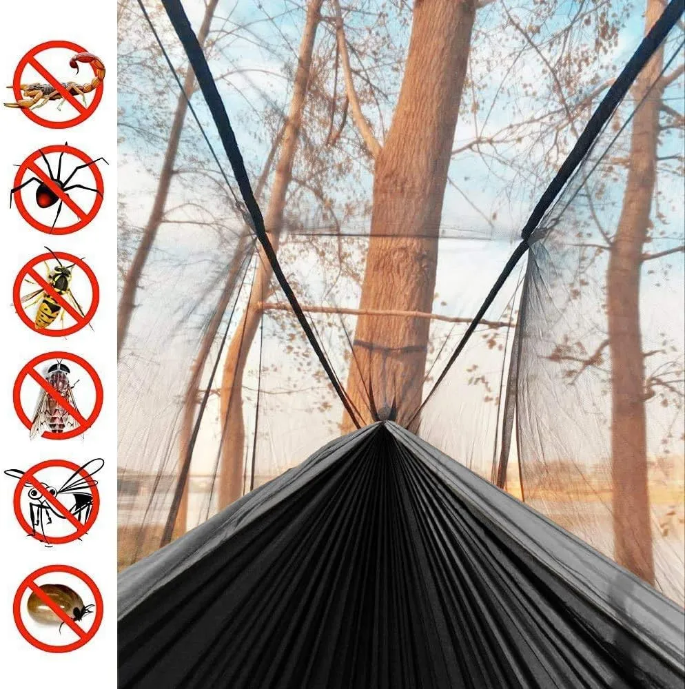 Single & Double Camping Hammock with Net Mosquito/Bug | Included Tree Straps and Carabiners, Parachute Nylon | Easy Assembly, Lightweight, Portable | Indoor Outdoor Backpacking - Full size, Black Gray