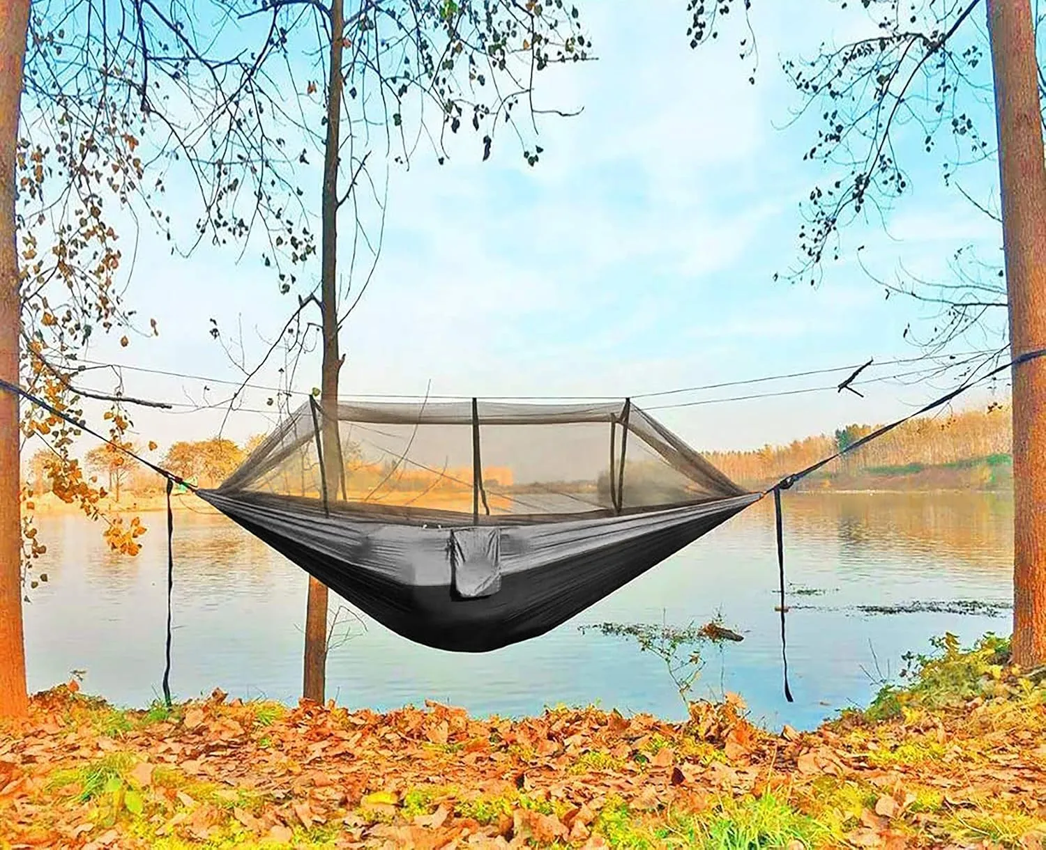 Single & Double Camping Hammock with Net Mosquito/Bug | Included Tree Straps and Carabiners, Parachute Nylon | Easy Assembly, Lightweight, Portable | Indoor Outdoor Backpacking - Full size, Black Gray