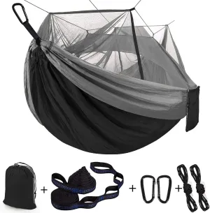 Single & Double Camping Hammock with Net Mosquito/Bug | Included Tree Straps and Carabiners, Parachute Nylon | Easy Assembly, Lightweight, Portable | Indoor Outdoor Backpacking - Full size, Black Gray