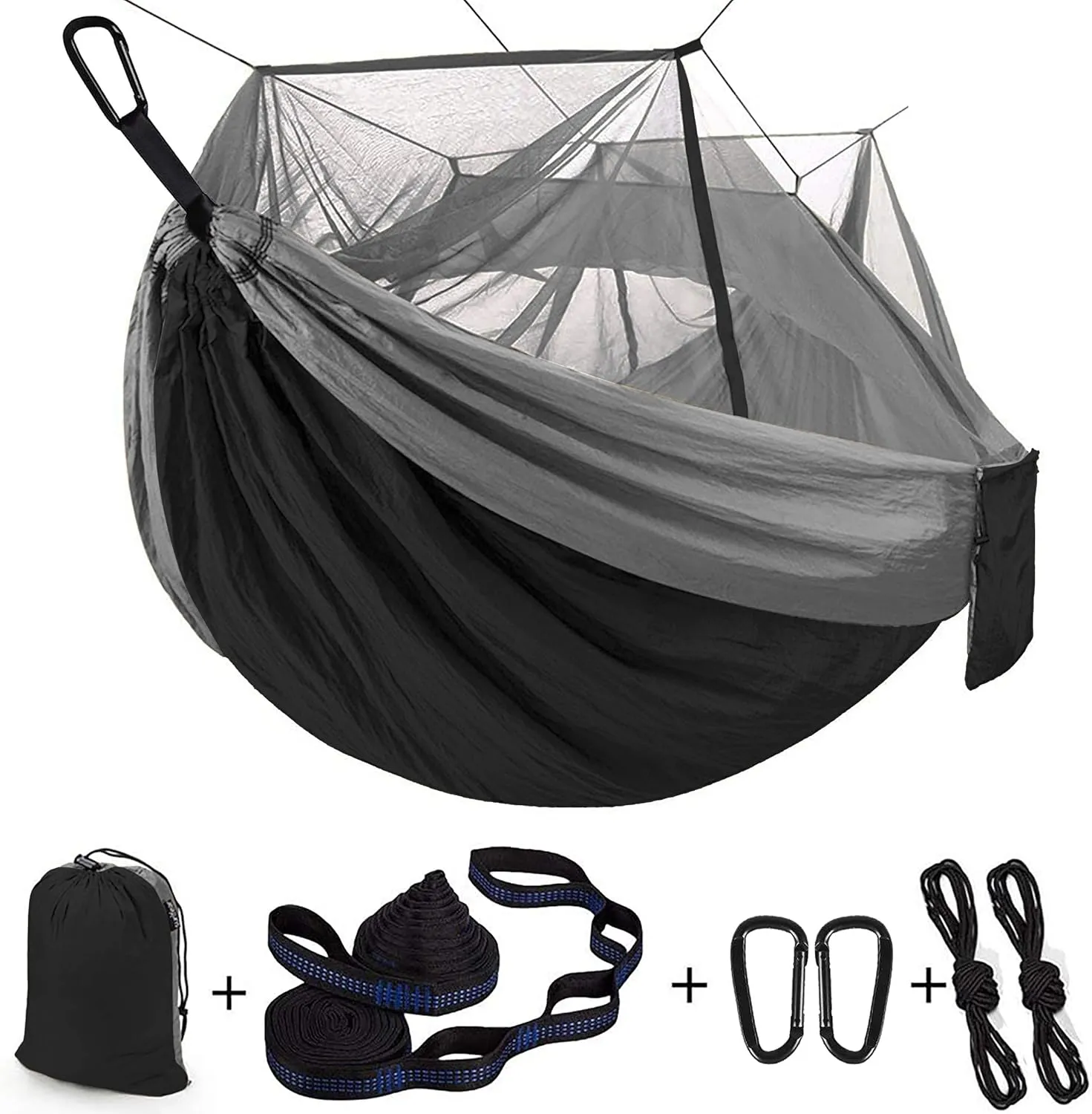 Single & Double Camping Hammock with Net Mosquito/Bug | Included Tree Straps and Carabiners, Parachute Nylon | Easy Assembly, Lightweight, Portable | Indoor Outdoor Backpacking - Full size, Black Gray