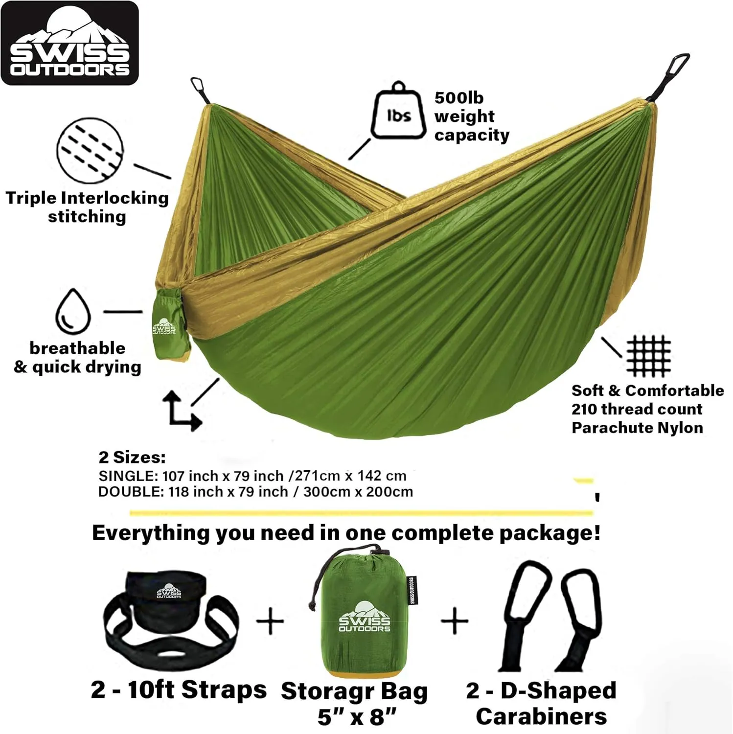 Single & Double Camping Hammock with Net Mosquito/Bug | Included Tree Straps and Carabiners, Parachute Nylon | Easy Assembly, Lightweight, Portable | Indoor Outdoor Backpacking - Full size, Black Gray