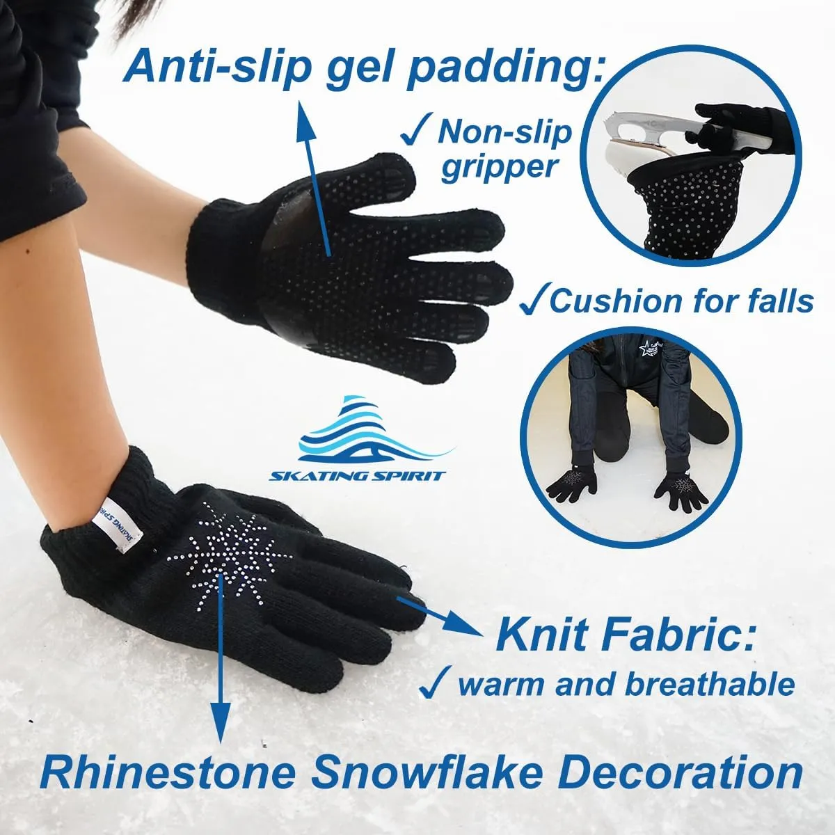 SkatingSpirit Gel Padded Ice Skating Gloves with Rhinestone Snowflakes (1 Pair), Anti-Slip Gripper Gloves Warm Mitten