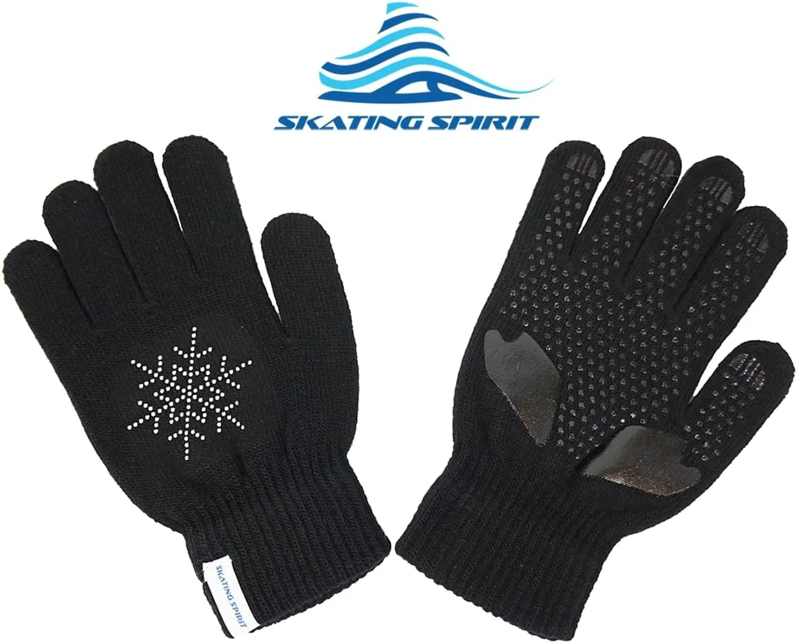 SkatingSpirit Gel Padded Ice Skating Gloves with Rhinestone Snowflakes (1 Pair), Anti-Slip Gripper Gloves Warm Mitten