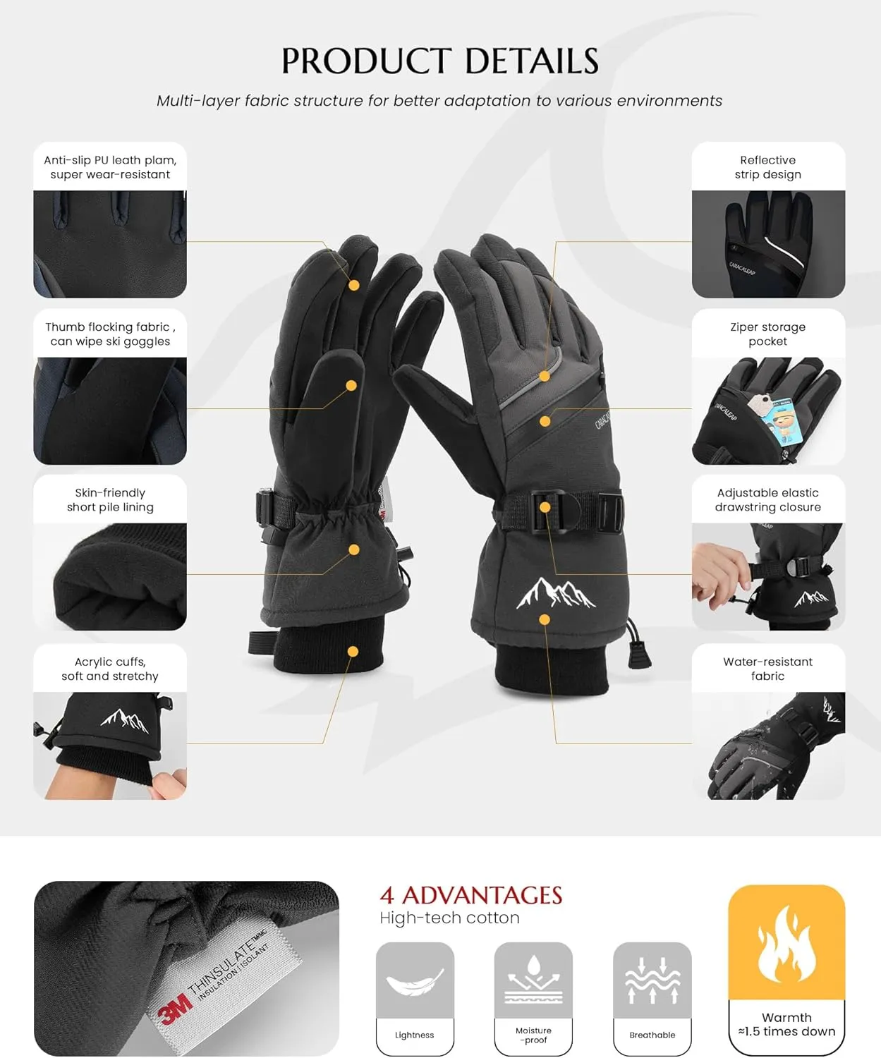 Ski Gloves for Men Women - Winter Snow Windproof Waterproof Skiing Snowboarding for Cold Weather Warm