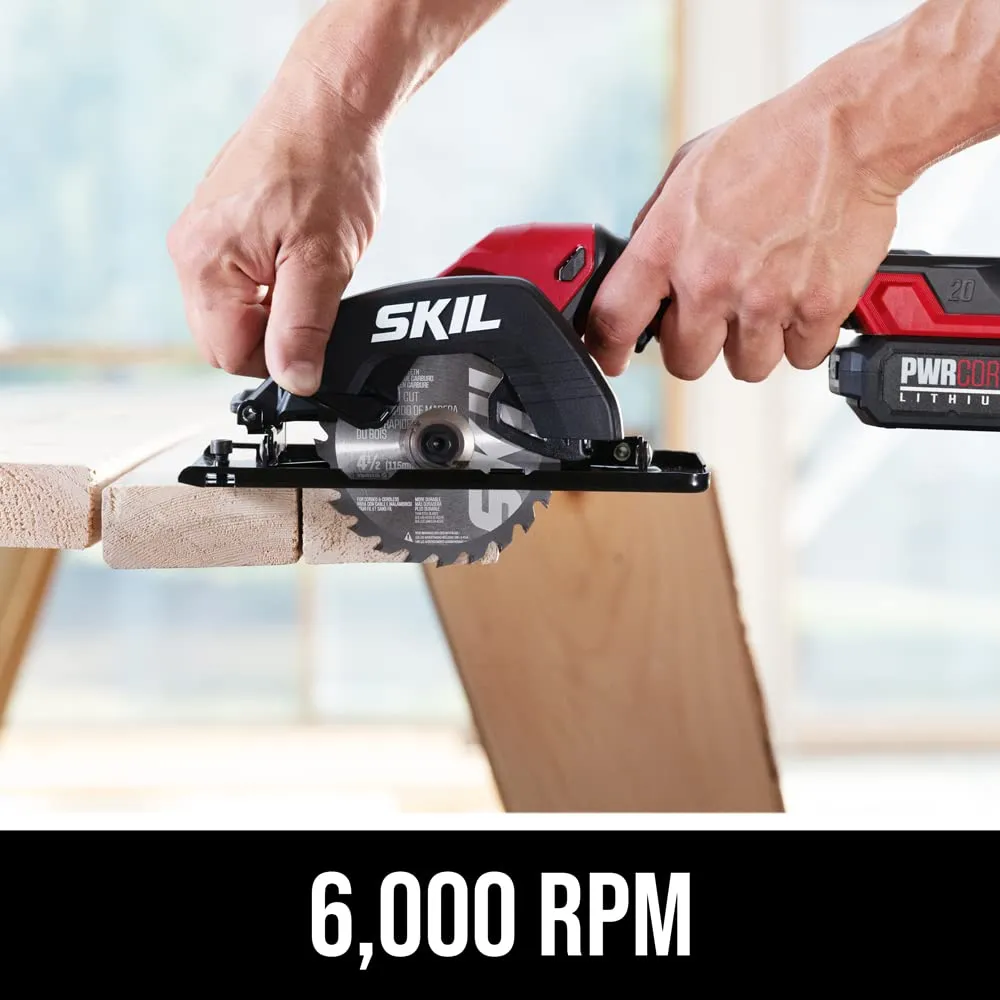 Skil PWRCORE 20 Brushless 20V 4-1/2 in. Compact Lightweight One-Hand Circular Saw Kit with Up to 6,000 RPM Includes 2.0Ah PWR CORE 20 Lithium Battery and Charger - CR5435B-10, Red