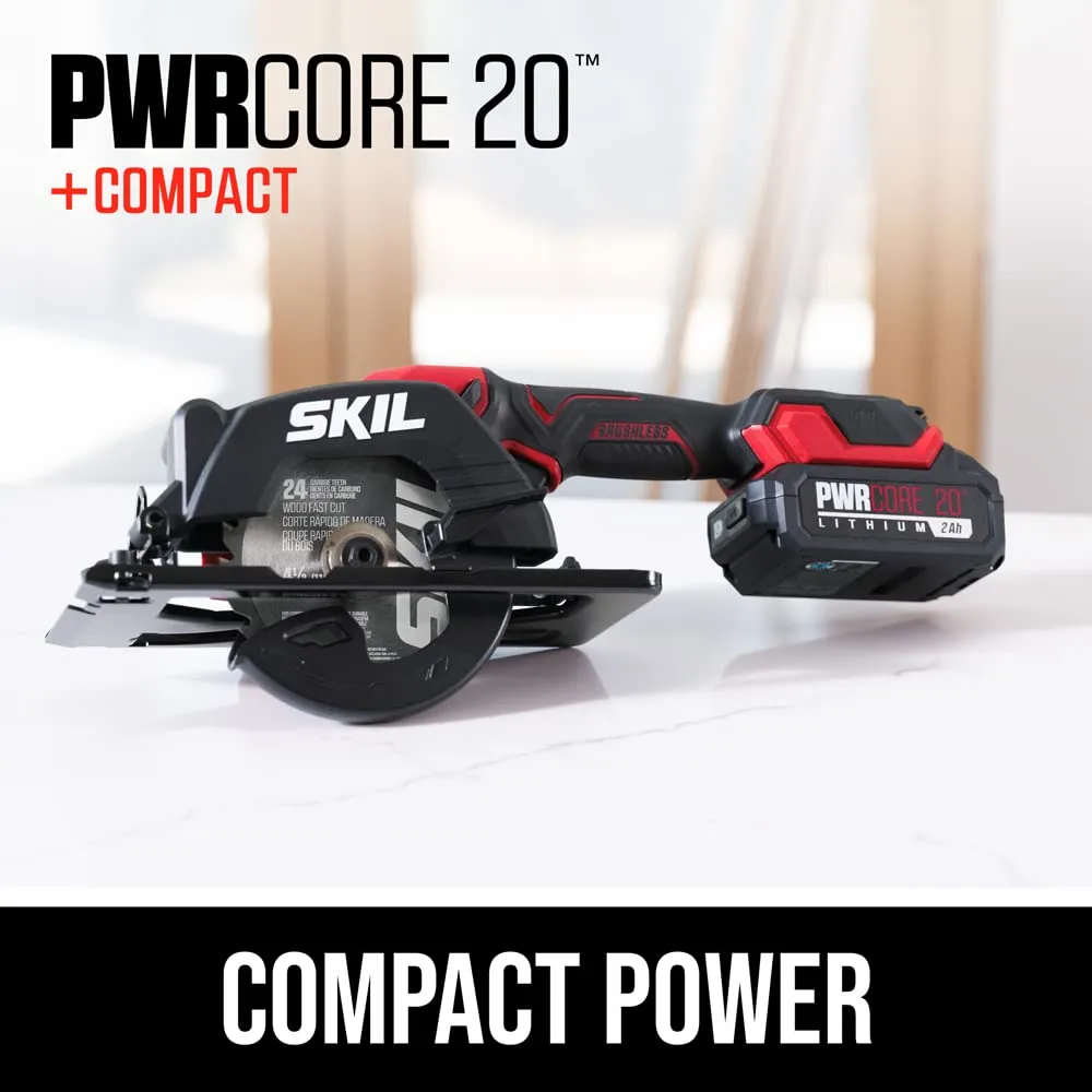 Skil PWRCORE 20 Brushless 20V 4-1/2 in. Compact Lightweight One-Hand Circular Saw Kit with Up to 6,000 RPM Includes 2.0Ah PWR CORE 20 Lithium Battery and Charger - CR5435B-10, Red