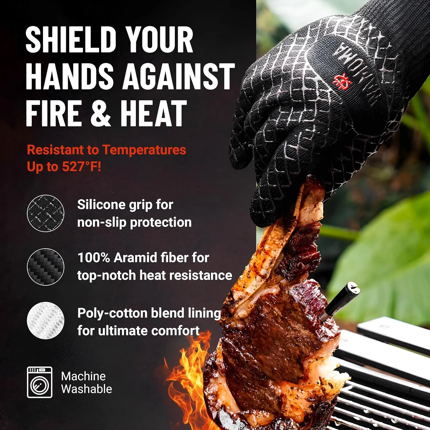 Small Heat Resistant Grilling Gloves for Women - Heat & Fire Proof Gloves for BBQ with Silicone & Cotton Lining | Barbeque, Kitchen, Baking, Oven Gloves for Meat Handling