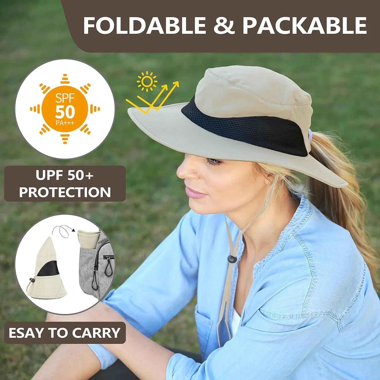 Solaris Ponytail Hole Sun Hats for Women, UPF 50  Sun Protection Outdoor Tribe Packable Cooling Hat for Gardening