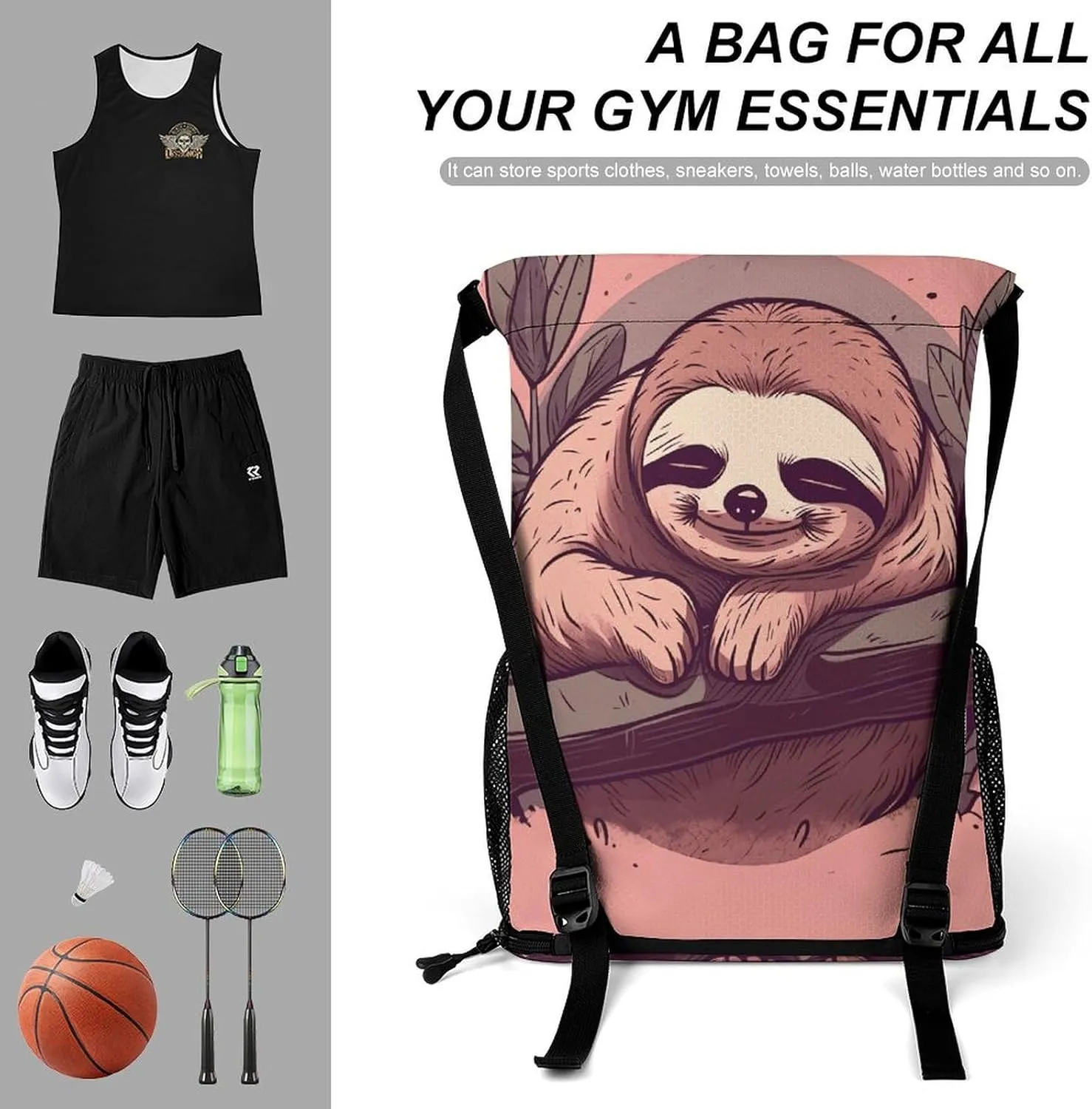 Sport Drawstring Backpack Large Capacity Dry And Wet Separation Cute Sloth Sleeping Stuff Sack