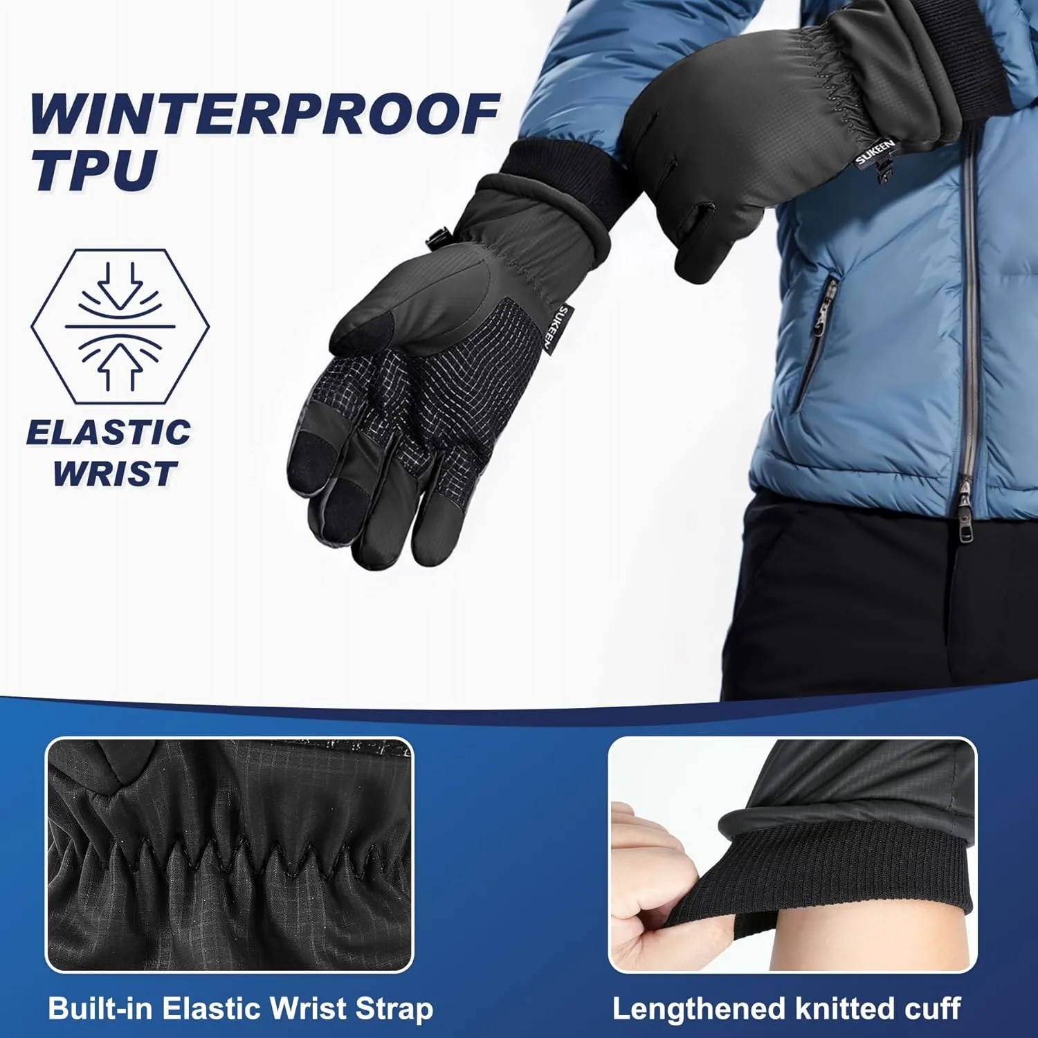 Sukeen Winter Warm Gloves for Men Women,Windproof Ski Gloves Anti-Slip Touch Screen Snow Glove with Thick Plush for Outdoor