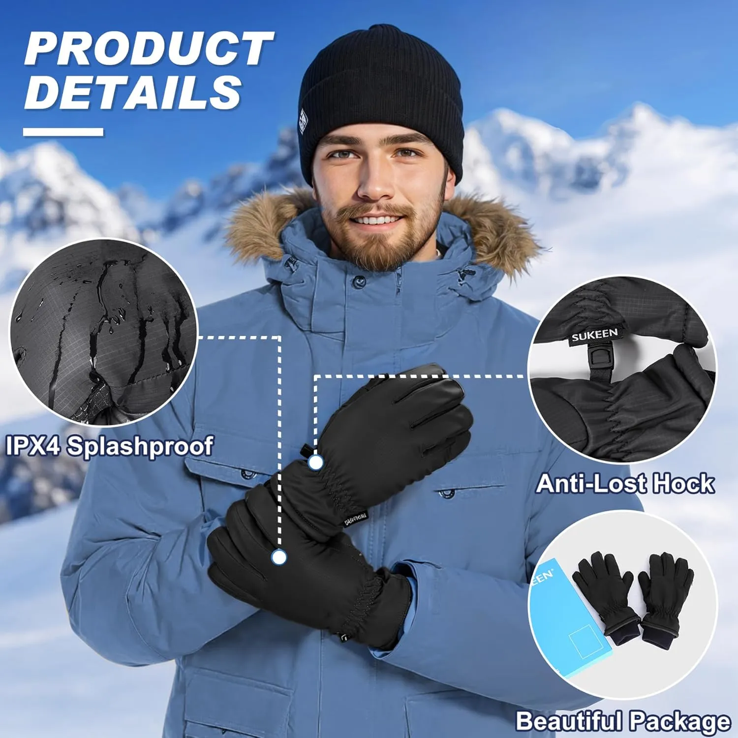 Sukeen Winter Warm Gloves for Men Women,Windproof Ski Gloves Anti-Slip Touch Screen Snow Glove with Thick Plush for Outdoor