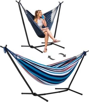 SUNCREAT 2-in-1 Convertible Portable Double Hammock with Stand Included, Outdoor Hammock and Stand, Patent Pending, Sea Blue