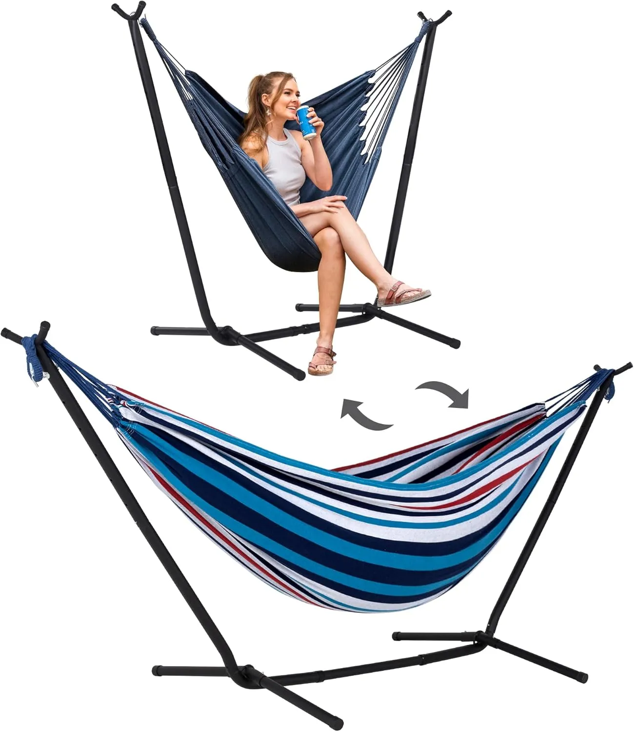 SUNCREAT 2-in-1 Convertible Portable Double Hammock with Stand Included, Outdoor Hammock and Stand, Patent Pending, Sea Blue