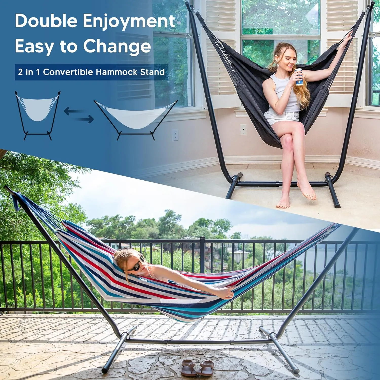 SUNCREAT 2-in-1 Convertible Portable Double Hammock with Stand Included, Outdoor Hammock and Stand, Patent Pending, Sea Blue