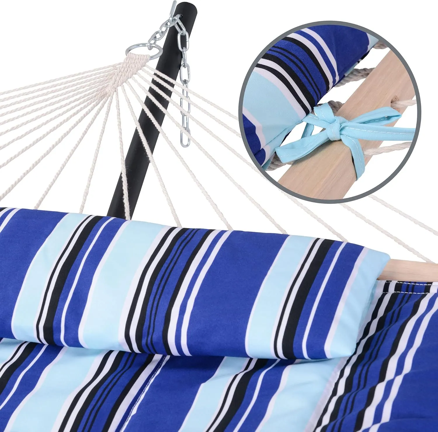SUNCREAT 2 Person Hammock with Hardwood Spreader Bar, Outdoor Rope Hammock with Polyester Pad, 475 lbs Capacity, Blue Stripes