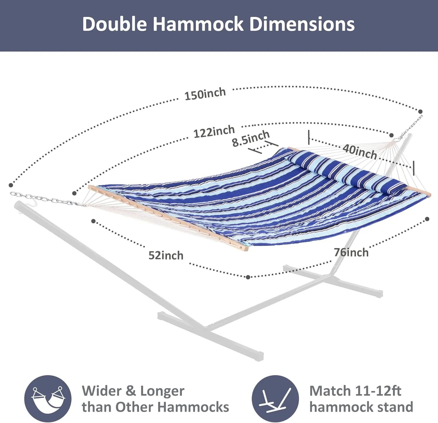 SUNCREAT 2 Person Hammock with Hardwood Spreader Bar, Outdoor Rope Hammock with Polyester Pad, 475 lbs Capacity, Blue Stripes