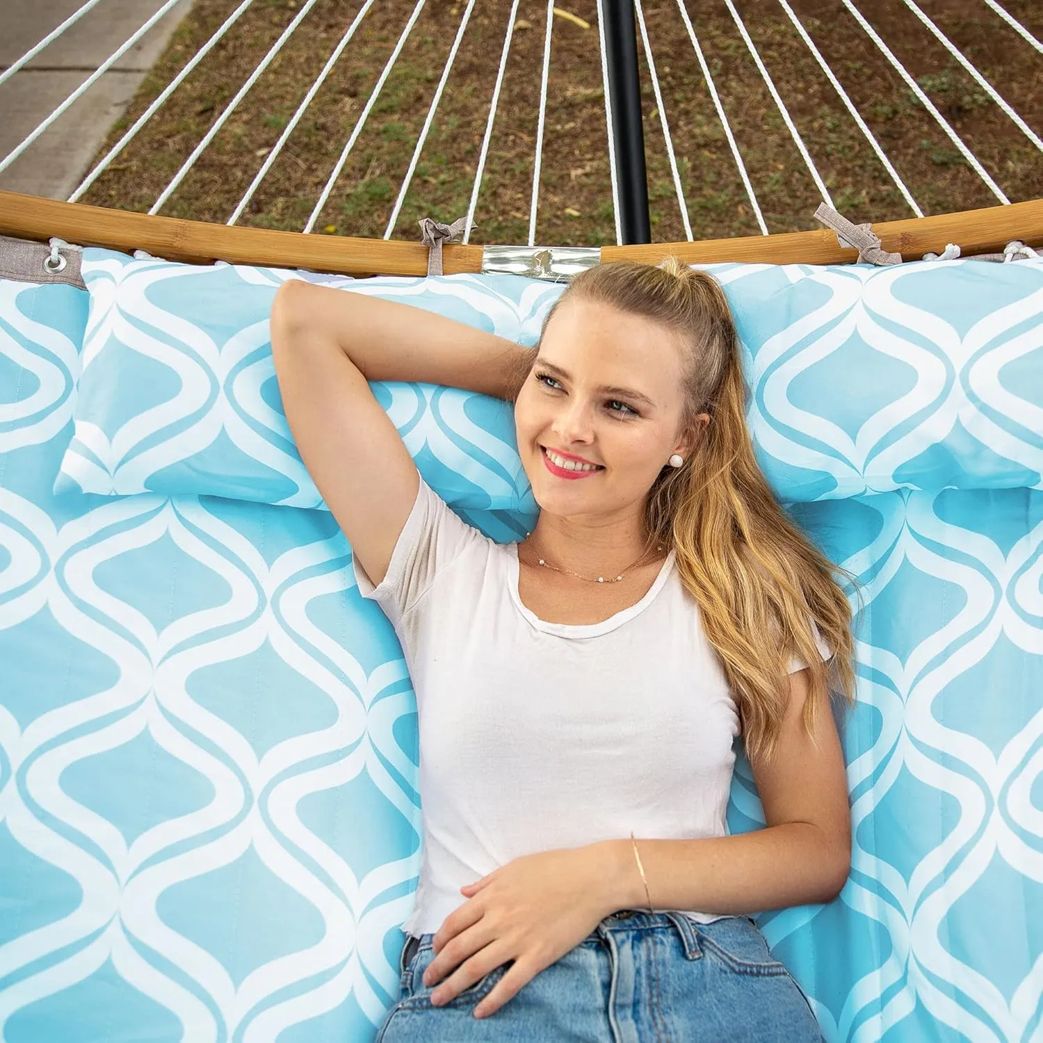 SUNCREAT 2 Person Outdoor Hammock with Curved Spreader Bar, Heavy Duty Patio Hammock with Stand for Outdoor, Garden, Backyard, Green Drops