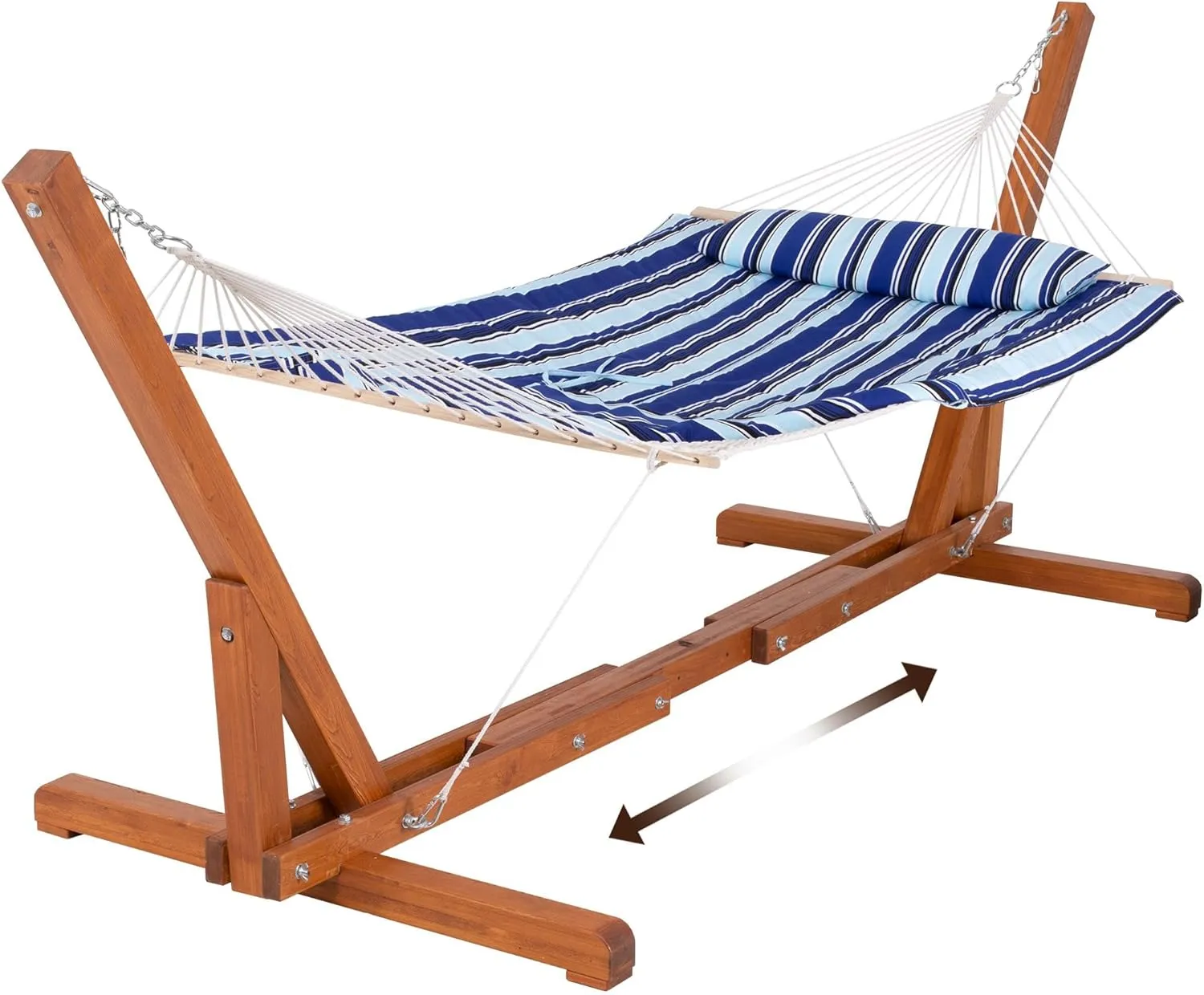 SUNCREAT Cotton Rope Hammock for Two People with Hardwood Spreader Bars, Quilted Fabric Pad & Detachable Pillow, Extra Large Hammock with Wooden Stand, Blue Stripe