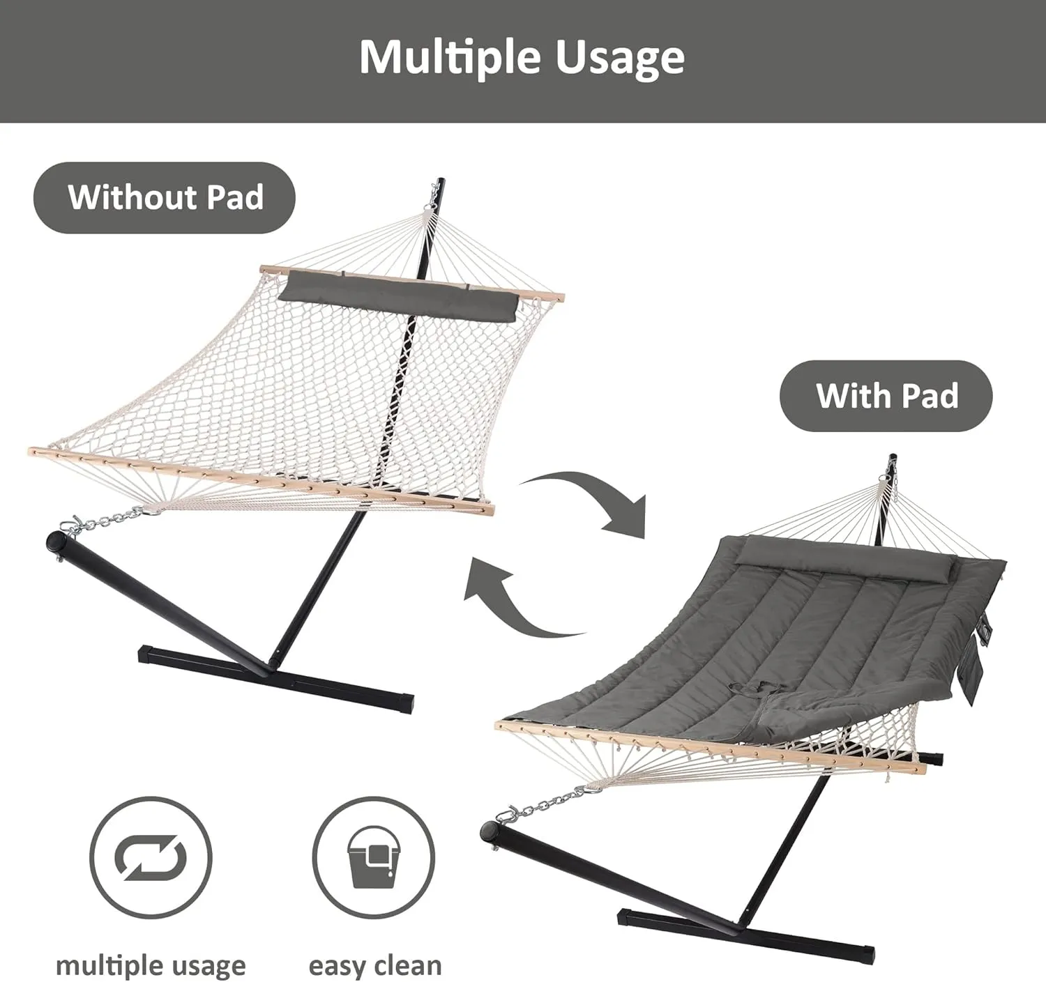SUNCREAT Double Outdoor Hammock with Stand, Two Person Cotton Rope Hammock with Polyester Pad, Dark Gray