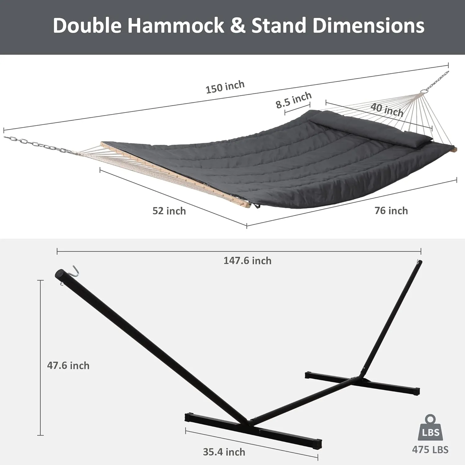 SUNCREAT Double Outdoor Hammock with Stand, Two Person Cotton Rope Hammock with Polyester Pad, Dark Gray