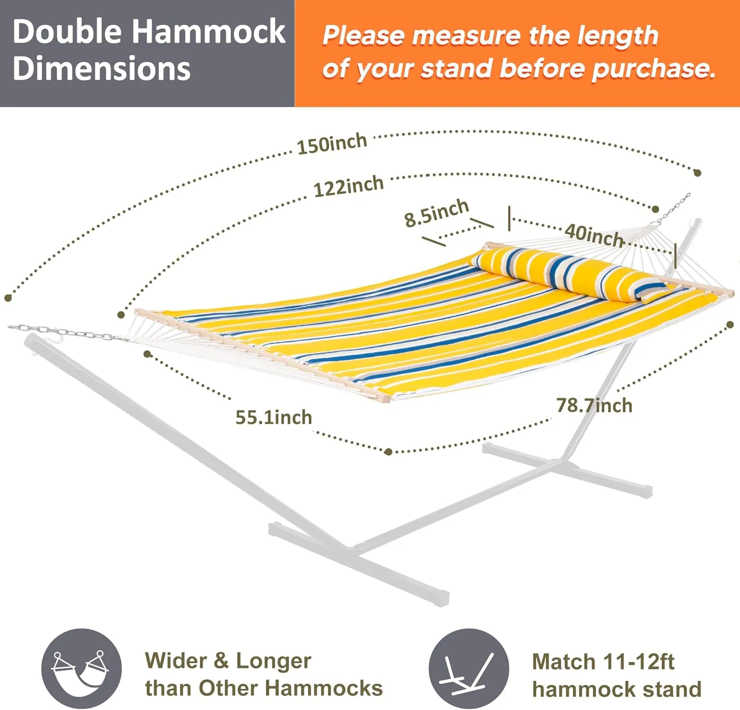 SUNCREAT Double Quilted Hammock with Large Soft Pillow, 475 lbs Capacity, Large Two Person Hammock for Trees, Yellow & Blue Stripes