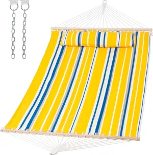 SUNCREAT Double Quilted Hammock with Large Soft Pillow, 475 lbs Capacity, Large Two Person Hammock for Trees, Yellow & Blue Stripes