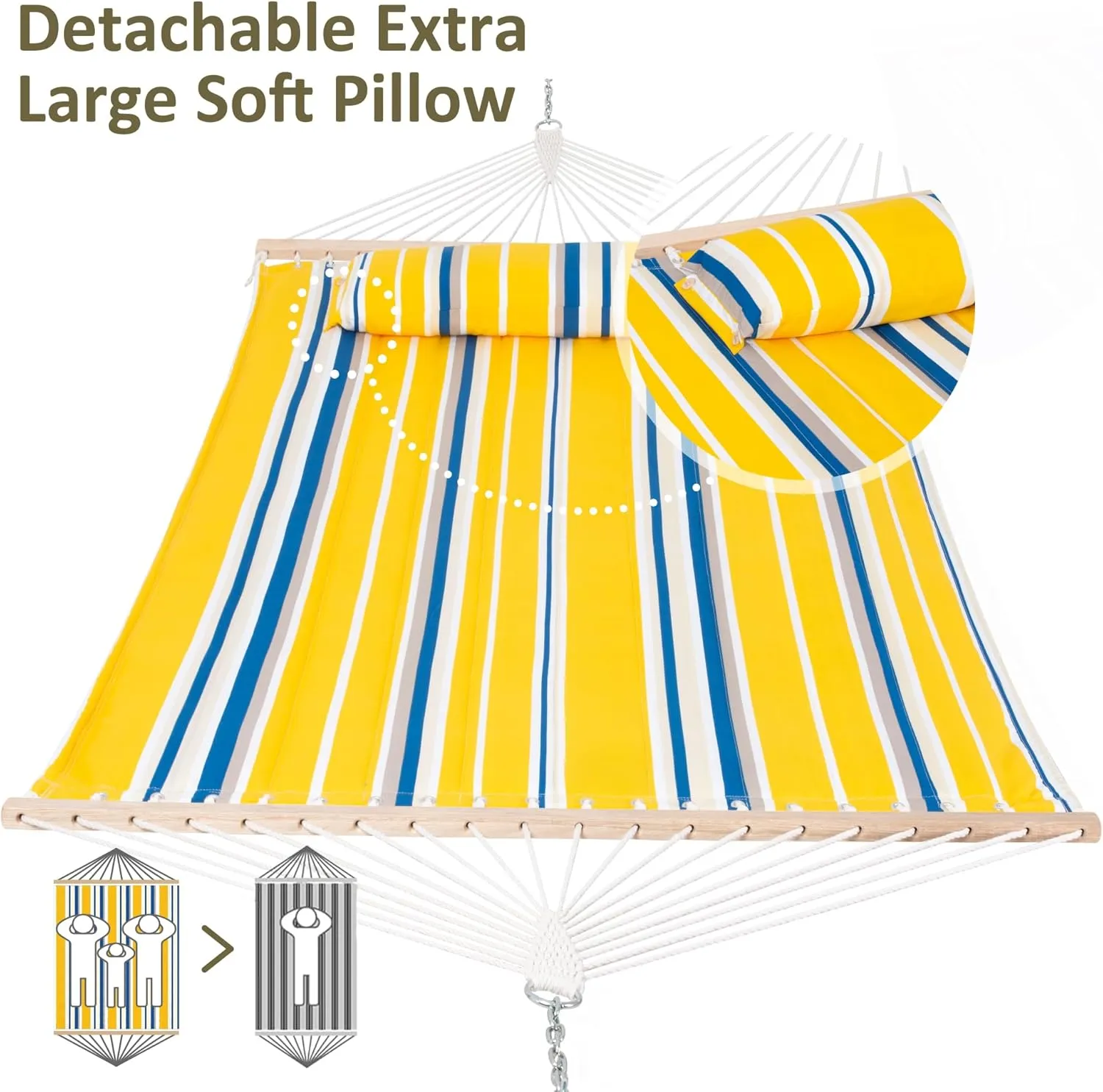 SUNCREAT Double Quilted Hammock with Large Soft Pillow, 475 lbs Capacity, Large Two Person Hammock for Trees, Yellow & Blue Stripes