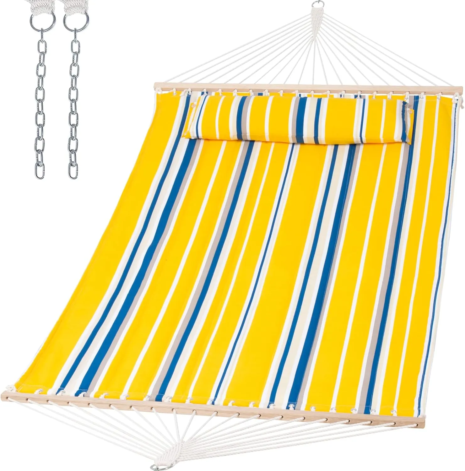SUNCREAT Double Quilted Hammock with Large Soft Pillow, 475 lbs Capacity, Large Two Person Hammock for Trees, Yellow & Blue Stripes