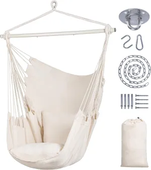 SUNCREAT Hammock Chair Hanging Rope Swing Seat-Max 450lbs Capacity, Extra Large Hanging Swing with Metal Support Bar, Side Pocket, White