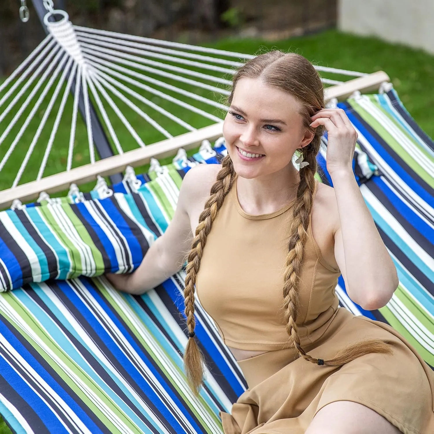 SUNCREAT Hammock with Stand 2 Person Heavy Duty, Freestanding Hammock with Spreader Bar, Soft Pillow, Green Stripes